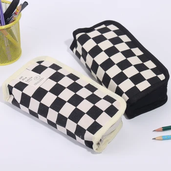 1 ШТ. вместительный пенал, холщовая сумка для ручек, модные красивые школьные принадлежности для студентов, черно-белая шахматная доска, сетка для ручек, сумка для ручек