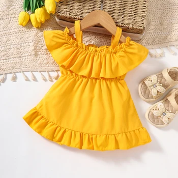 3-12 м, одежда для новорожденных девочек, Летние Желтые пляжные подтяжки с оборками, Платье на подтяжках для девочек