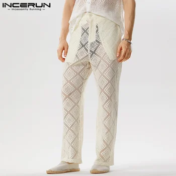 INCERUN 2023, Новые мужские брюки в американском стиле, Сексуальные прозрачные кружевные Длинные брюки, Модные мужские панталоны с ромбовидным рисунком S-5XL
