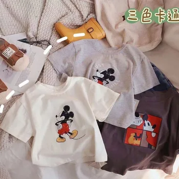 Однотонные футболки с принтом для мальчиков и малышей, дышащий пуловер с круглым вырезом и коротким рукавом, топы, детская одежда, футболка с Микки Маусом из мультфильма