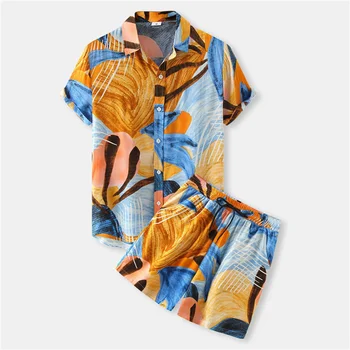 Повседневные рубашки с короткими рукавами и абстрактным цветочным узором, комплект для отдыха + шорты, Гавайская рубашка с завязками